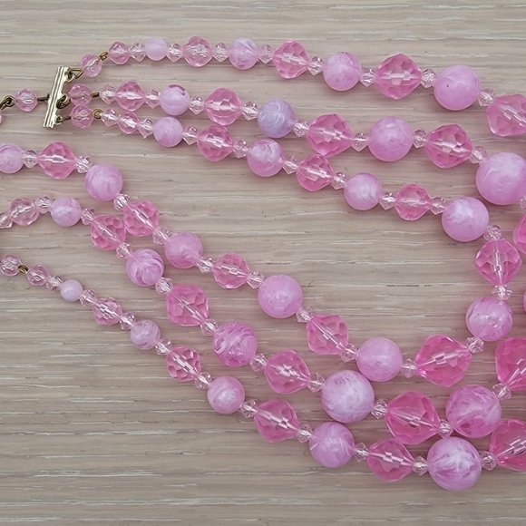 Pink Three-Strand Beaded Necklace with Hook Clasp - Picture 6 of 7